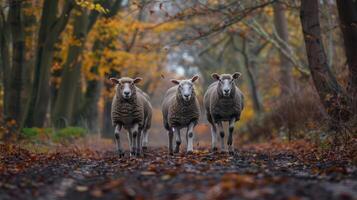 Three sheep walking down a leaf-covered path in a serene autumn forest setting photo
