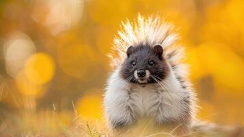 Adorable porcupine with fluffy quills sits on grass against a vibrant autumn backdrop photo