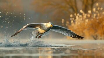 A seagull takes flight over a serene lake at dawn, creating ripples amidst golden reeds photo