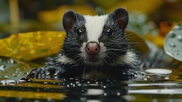 Close-up of a swimming animal with striking black and white fur amidst vibrant foliage and water photo