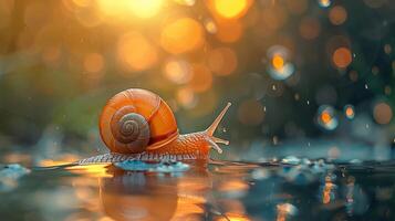 A close-up of a vibrant snail gliding over wet foliage under a glowing sunset, with bokeh effects photo
