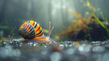 Colorful snail gliding over a wet surface in a serene forest setting with soft light photo