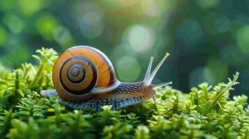 Close-up of a colorful snail crawling on lush green moss with a blurred natural background photo