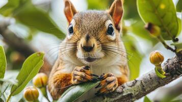 Close-up of a curious squirrel perched on a branch surrounded by lush green leaves and buds photo