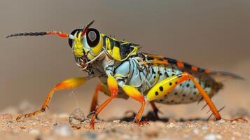 Close-up of a vibrant grasshopper on sandy terrain, showcasing intricate details and colors photo