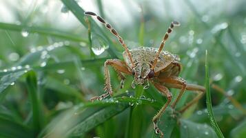 Close-up of a dew-covered insect perched on grass blades in a serene morning environment photo