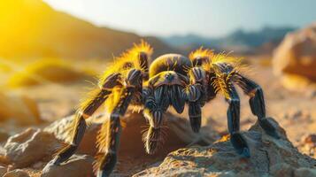 Close-up of a vibrant tarantula in a sunlit desert landscape with mountains in the background photo