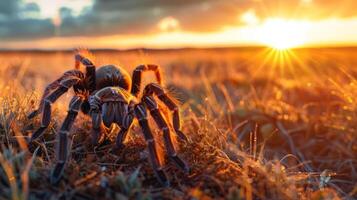 A close-up of a spider on the ground during sunset, surrounded by golden grass and dramatic clouds photo