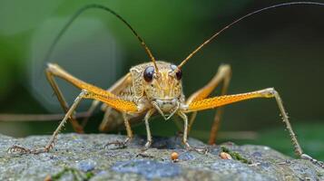 Close-up view of a grasshopper perched on a rock amidst lush greenery, showcasing intricate details photo
