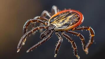 Close-up of a tick on a blurred background, showcasing its detailed anatomy and texture photo