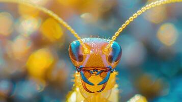 Close-up of a vibrant insect with striking colors and detailed features against a blurred background photo