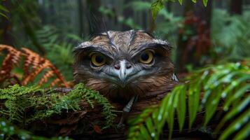 Close-up of a unique bird with striking eyes perched among lush ferns in a vibrant forest photo