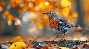 A vibrant bird perched on a branch amid colorful autumn leaves with a blurred background photo
