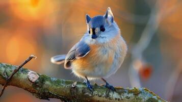 Close-up of a small bird perched on a branch, surrounded by a colorful blurred background photo