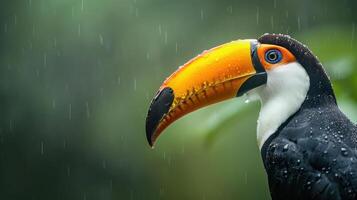 Close-up of a vibrant toucan in the rain, surrounded by lush greenery, showcasing nature's beauty photo