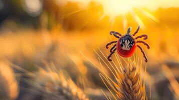 Close-up of a tick perched on a wheat stalk during sunset, highlighting nature's intricate details photo