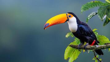 Vibrant toucan perched on a branch amidst lush greenery in a tropical rainforest setting photo