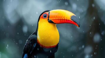 Vibrant toucan perched in a snowy forest, showcasing its colorful beak amidst falling snowflakes photo