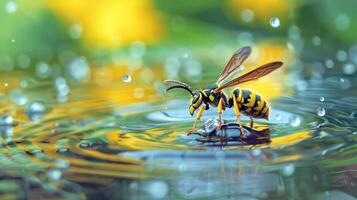 Close-up of a wasp perched on a rock in a rain-soaked environment with vibrant flowers in the background photo