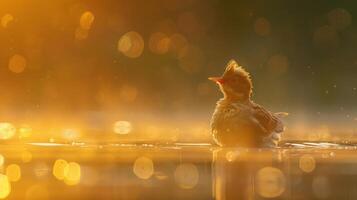 Serene bird perched on water surface at sunrise, surrounded by shimmering golden reflections photo
