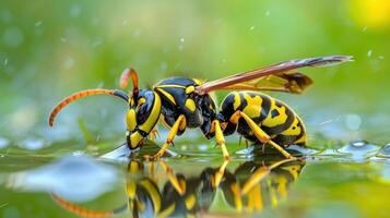 Close-up of a vibrant yellow and black wasp drinking from a water surface, with blurred green background photo