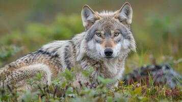 Close-up of a wolf resting in a lush green landscape, showcasing its piercing gaze and natural habitat photo