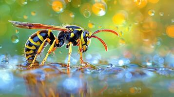 Close-up of a vibrant wasp perched on a water surface, surrounded by sparkling droplets and a colorful background photo