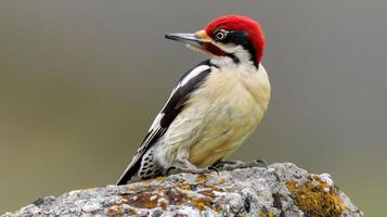 Colorful woodpecker perched on a mossy rock in a serene natural setting with blurred background photo
