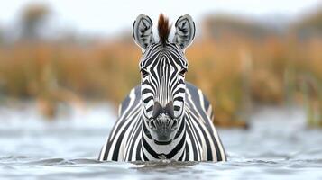A zebra wading through shallow water in a serene landscape with blurred greenery in the background photo