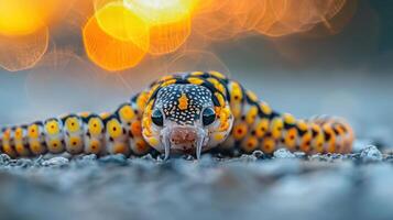 Close-up of a vibrant, colorful snake slithering on a gravel surface with blurred sunset bokeh photo