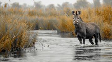 A solitary zebra standing in shallow waters surrounded by tall grasses in a serene wetland landscape photo