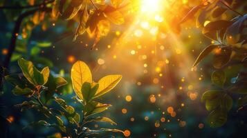 Sunlight filtering through lush green leaves, creating a magical atmosphere filled with glowing particles photo