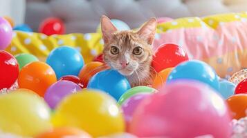 Playful orange cat surrounded by colorful plastic balls in a bright, cheerful indoor setting photo