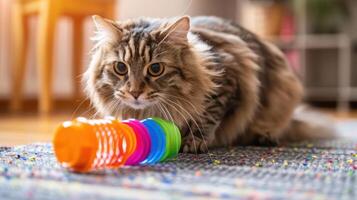 Playful cat exploring colorful toy on a cozy living room rug with soft lighting photo