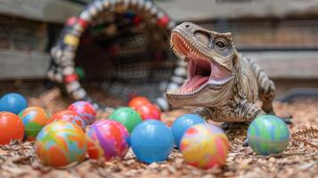 Toy dinosaur roaring among colorful plastic eggs in a playful setting with a basket in background photo