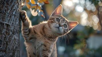 A curious cat climbing a tree in a sunlit garden, with blurred foliage in the background photo