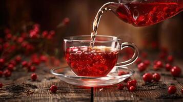 A steaming cup of red tea being poured from a glass teapot, surrounded by fresh berries on a rustic wooden table photo