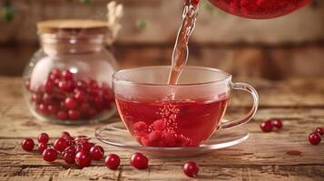 Pouring vibrant red berry tea into a clear cup, surrounded by fresh berries and rustic wooden table photo