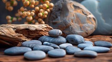 A serene arrangement of smooth pebbles and driftwood on a wooden surface with soft lighting photo