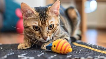 Playful cat stalking a colorful toy fish on a textured rug in a cozy living room setting photo