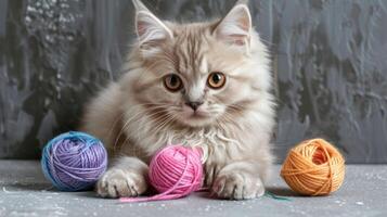 Playful fluffy kitten surrounded by colorful yarn balls on a textured gray background photo