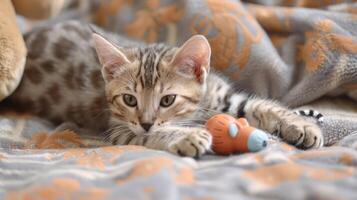 Playful kitten lounging on a cozy blanket with a colorful toy, creating a warm atmosphere photo