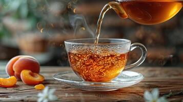 Steaming tea being poured into a glass cup, with fresh apricots and a rustic background photo