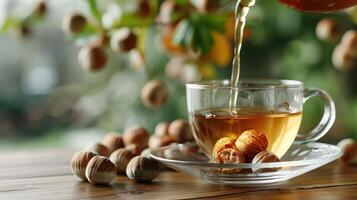 A steaming cup of tea being poured, surrounded by hazelnuts and a lush, blurred garden backdrop photo