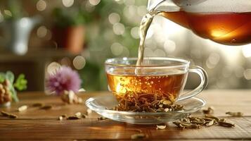 A steaming cup of herbal tea being poured from a teapot, surrounded by herbs and soft bokeh lights photo