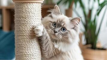 Playful cat scratching a tall scratching post in a cozy indoor setting with greenery photo