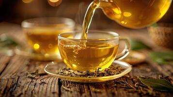 Warm cup of herbal tea being poured into a glass cup with tea leaves on rustic wooden table photo