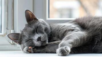 A serene gray cat peacefully sleeping on a windowsill with soft sunlight filtering through photo