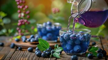 Fresh blueberries being poured into a glass cup, surrounded by nature, showcasing vibrant colors photo