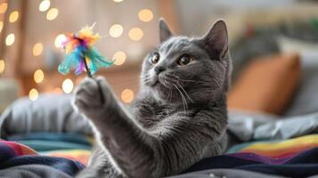 Playful gray cat engaging with colorful feather toy on cozy bed with soft lighting photo